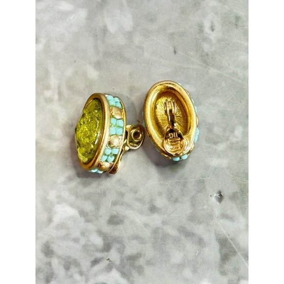Vintage JJG Jonette Yellow Art Glass Blue Beaded Goldplate Clip On Earrings - Picture 5 of 6